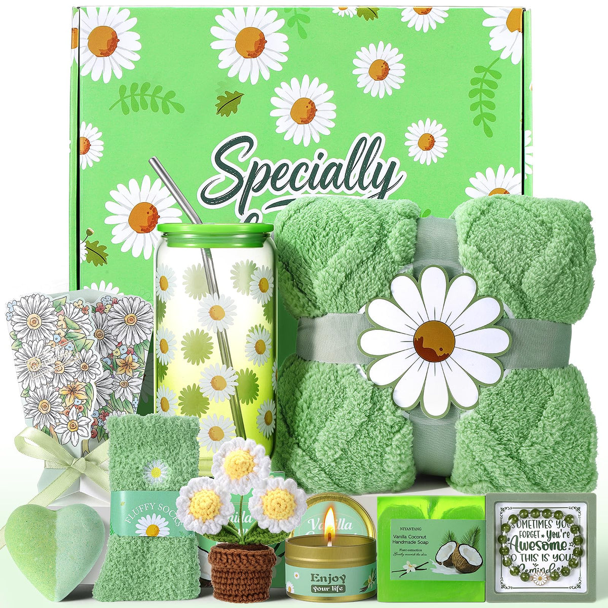 Self Care Gift Basket for Women with Blanket & Tumbler, Daisy Spa Gift Box - thewildfolk Self Care Gift Basket for Women with Blanket & Tumbler, Daisy Spa Gift Box