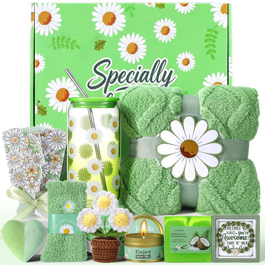 Self Care Gift Basket for Women with Blanket & Tumbler, Daisy Spa Gift Box - thewildfolk Self Care Gift Basket for Women with Blanket & Tumbler, Daisy Spa Gift Box