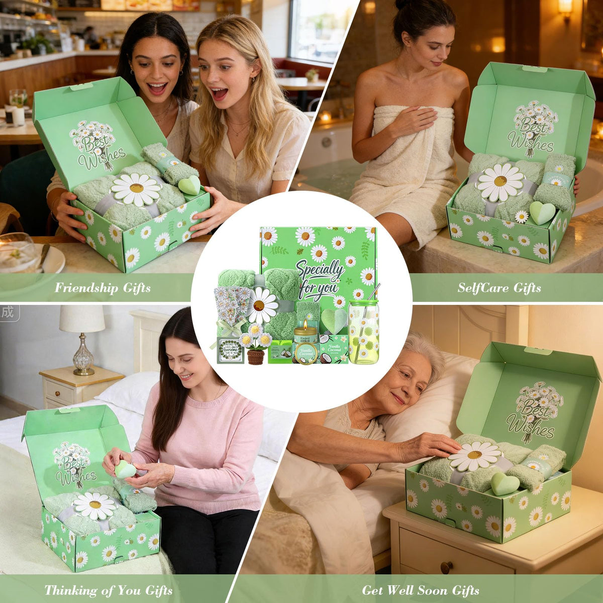 Self Care Gift Basket for Women with Blanket & Tumbler, Daisy Spa Gift Box - thewildfolk Self Care Gift Basket for Women with Blanket & Tumbler, Daisy Spa Gift Box