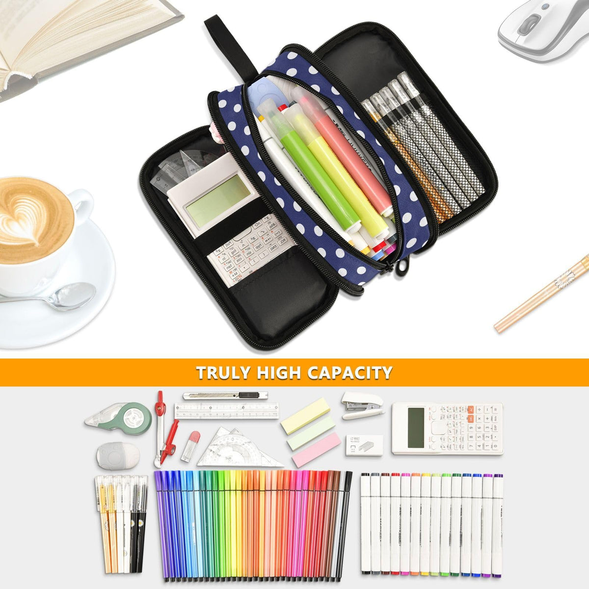 Sgojhrv Big Capacity Pencil Case Cute Navy Blue White Polka Dot Large Pencil Pouch Stationery Pen Bag for School Teen Girl Boy - thewildfolk Sgojhrv Big Capacity Pencil Case Cute Navy Blue White Polka Dot Large Pencil Pouch Stationery Pen Bag for School Teen Girl Boy