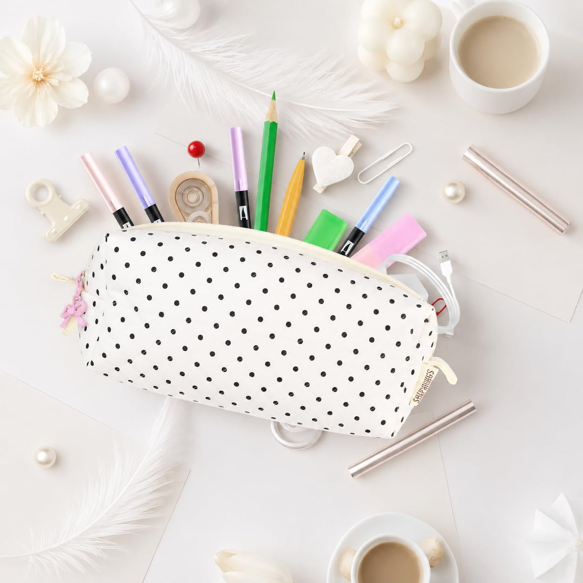 shiprabags Cute Quilted Pencil Case for Women, Aesthetic Small Floral Pencil Pouch, Slim Soft Pencil Bag for Stationery Supplies & Daily Use（Polka Dot） - thewildfolk shiprabags Cute Quilted Pencil Case for Women, Aesthetic Small Floral Pencil Pouch, Slim Soft Pencil Bag for Stationery Supplies & Daily Use（Polka Dot）
