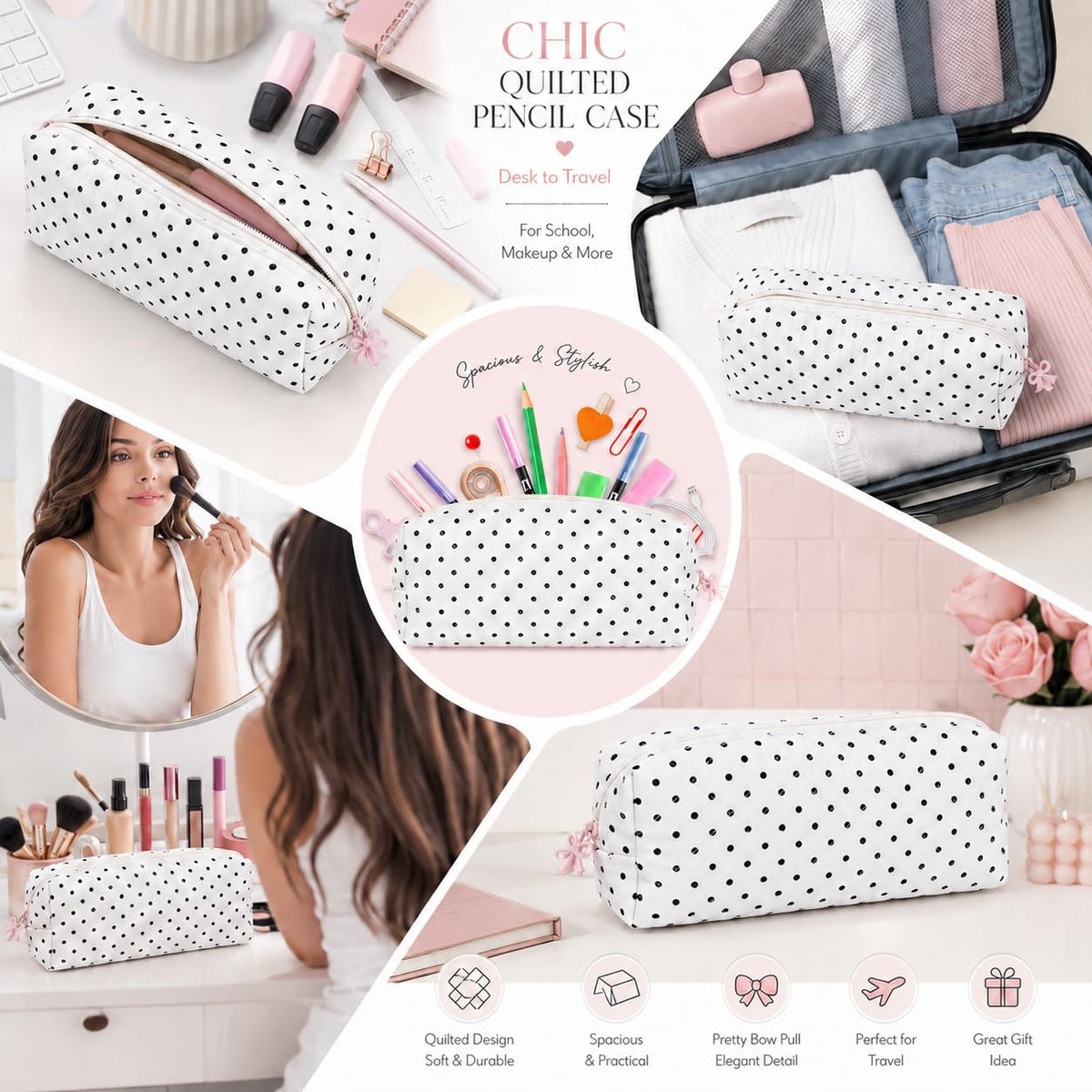 shiprabags Cute Quilted Pencil Case for Women, Aesthetic Small Floral Pencil Pouch, Slim Soft Pencil Bag for Stationery Supplies & Daily Use（Polka Dot） - thewildfolk shiprabags Cute Quilted Pencil Case for Women, Aesthetic Small Floral Pencil Pouch, Slim Soft Pencil Bag for Stationery Supplies & Daily Use（Polka Dot）