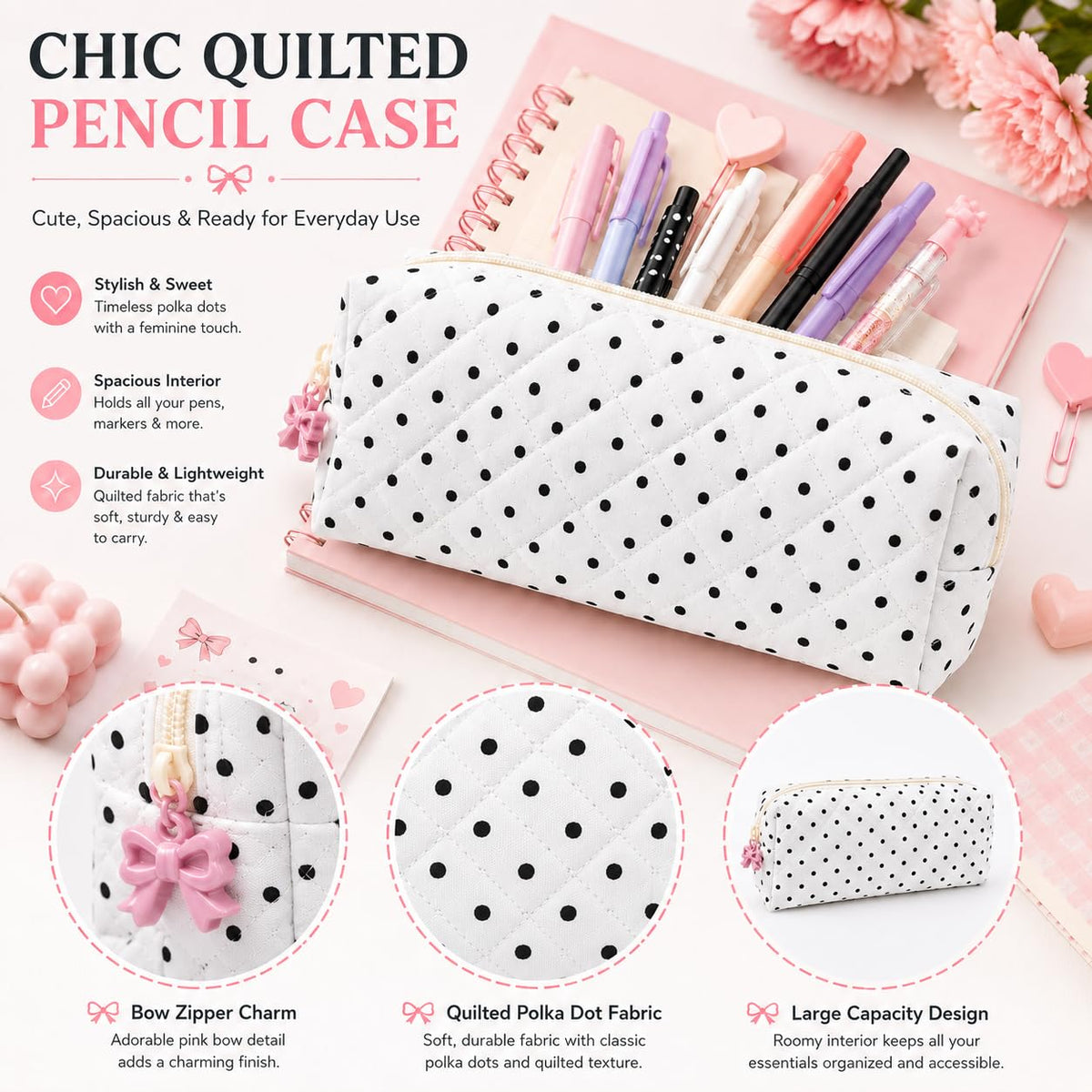 shiprabags Cute Quilted Pencil Case for Women, Aesthetic Small Floral Pencil Pouch, Slim Soft Pencil Bag for Stationery Supplies & Daily Use（Polka Dot） - thewildfolk shiprabags Cute Quilted Pencil Case for Women, Aesthetic Small Floral Pencil Pouch, Slim Soft Pencil Bag for Stationery Supplies & Daily Use（Polka Dot）