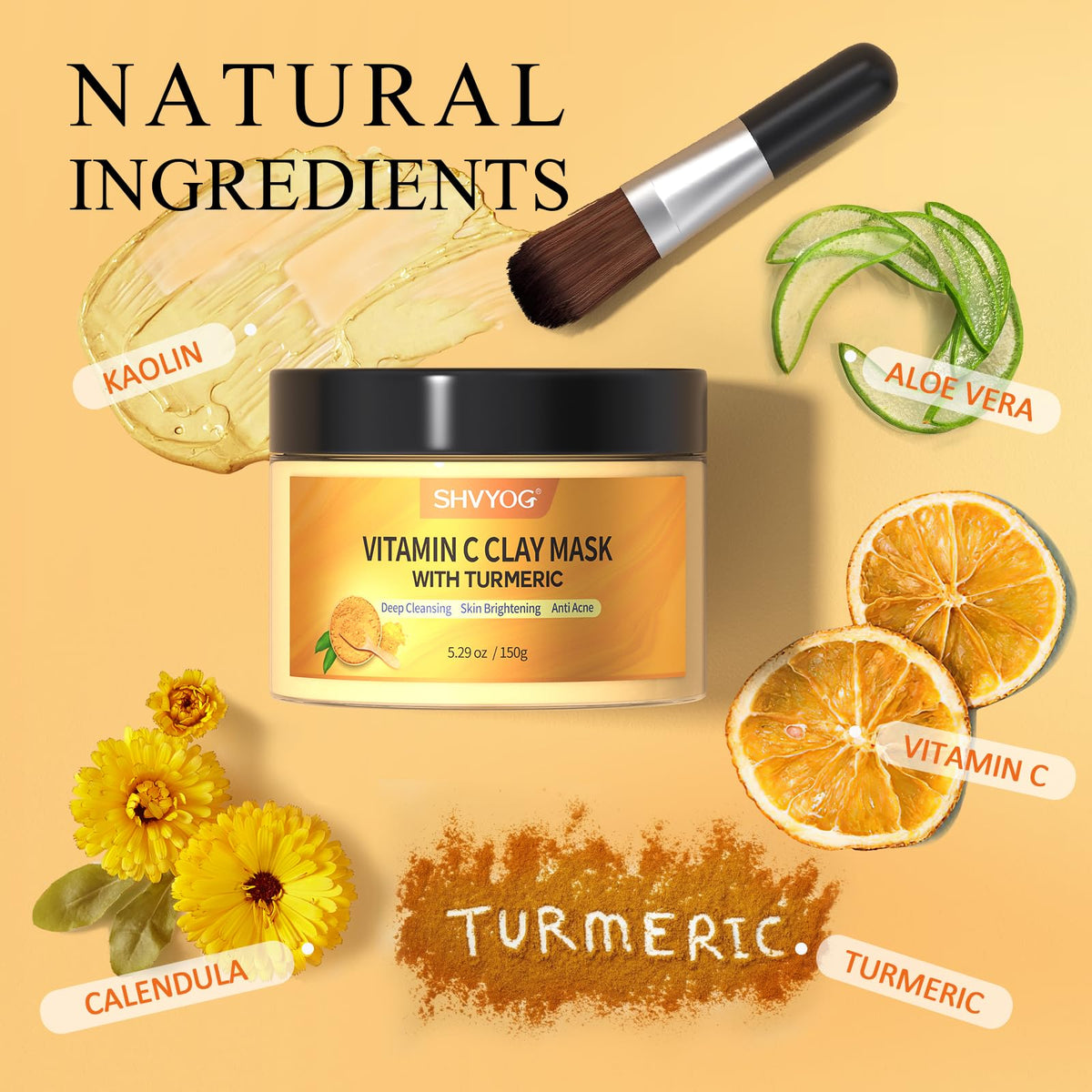 SHVYOG Turmeric Vitamin C Clay Mask with Kaolin Clay for Dull & Blemish-Prone Skin, Deep Cleansing Facial Mask, Face Masks Skincare for Controlling Oil and Refining Pores 5.29 Oz 150g - thewildfolk SHVYOG Turmeric Vitamin C Clay Mask with Kaolin Clay for Dull & Blemish-Prone Skin, Deep Cleansing Facial Mask, Face Masks Skincare for Controlling Oil and Refining Pores 5.29 Oz 150g