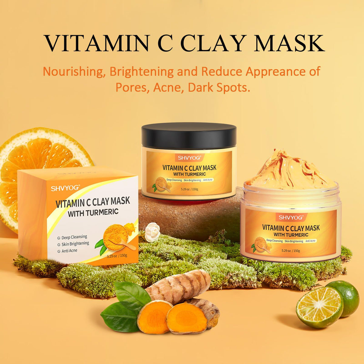 SHVYOG Turmeric Vitamin C Clay Mask with Kaolin Clay for Dull & Blemish-Prone Skin, Deep Cleansing Facial Mask, Face Masks Skincare for Controlling Oil and Refining Pores 5.29 Oz 150g - thewildfolk SHVYOG Turmeric Vitamin C Clay Mask with Kaolin Clay for Dull & Blemish-Prone Skin, Deep Cleansing Facial Mask, Face Masks Skincare for Controlling Oil and Refining Pores 5.29 Oz 150g