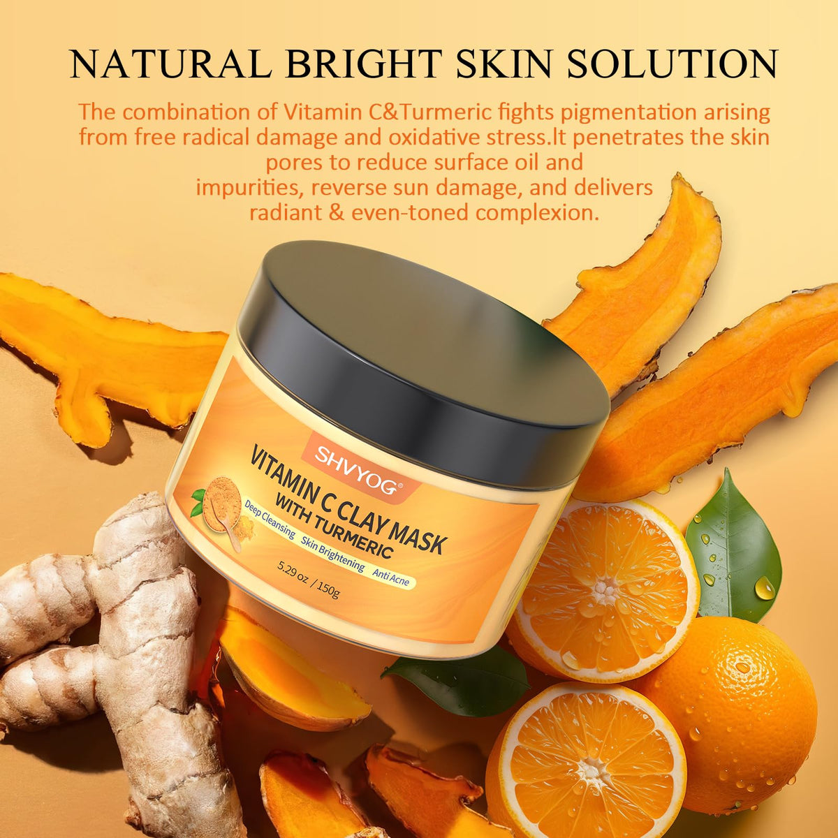 SHVYOG Turmeric Vitamin C Clay Mask with Kaolin Clay for Dull & Blemish-Prone Skin, Deep Cleansing Facial Mask, Face Masks Skincare for Controlling Oil and Refining Pores 5.29 Oz 150g - thewildfolk SHVYOG Turmeric Vitamin C Clay Mask with Kaolin Clay for Dull & Blemish-Prone Skin, Deep Cleansing Facial Mask, Face Masks Skincare for Controlling Oil and Refining Pores 5.29 Oz 150g