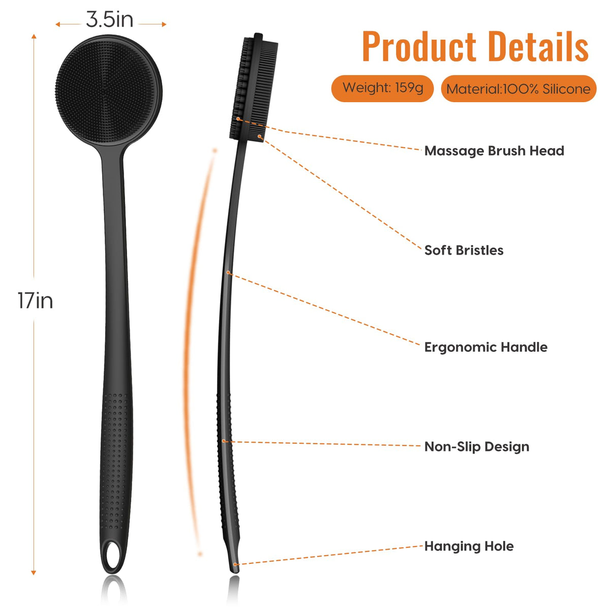 Silicone Back Scrubber for Shower, 17in Lengthen Long Handle Body Brush, Double Sided Shower Brush for Shower Exfoliating and Massage Can Produce Rich Foam, Long Handle Back Scrubber for Men - thewildfolk Silicone Back Scrubber for Shower, 17in Lengthen Long Handle Body Brush, Double Sided Shower Brush for Shower Exfoliating and Massage Can Produce Rich Foam, Long Handle Back Scrubber for Men