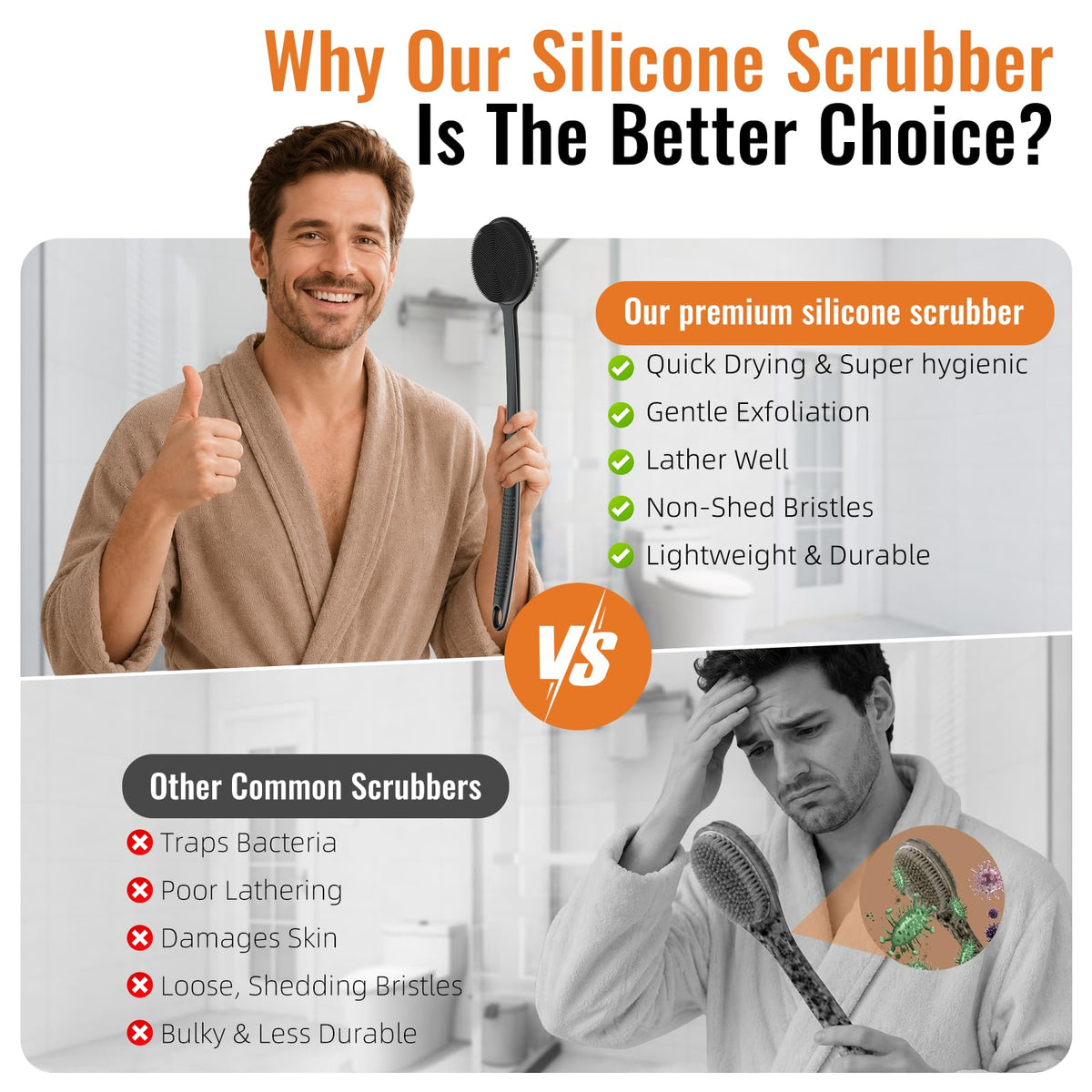 Silicone Back Scrubber for Shower, 17in Lengthen Long Handle Body Brush, Double Sided Shower Brush for Shower Exfoliating and Massage Can Produce Rich Foam, Long Handle Back Scrubber for Men - thewildfolk Silicone Back Scrubber for Shower, 17in Lengthen Long Handle Body Brush, Double Sided Shower Brush for Shower Exfoliating and Massage Can Produce Rich Foam, Long Handle Back Scrubber for Men