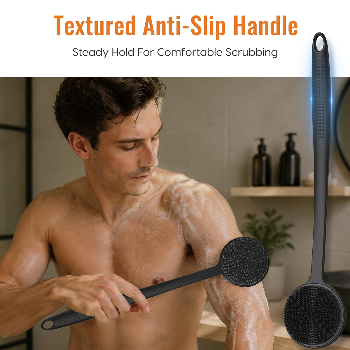 Silicone Back Scrubber for Shower, 17in Lengthen Long Handle Body Brush, Double Sided Shower Brush for Shower Exfoliating and Massage Can Produce Rich Foam, Long Handle Back Scrubber for Men - thewildfolk Silicone Back Scrubber for Shower, 17in Lengthen Long Handle Body Brush, Double Sided Shower Brush for Shower Exfoliating and Massage Can Produce Rich Foam, Long Handle Back Scrubber for Men