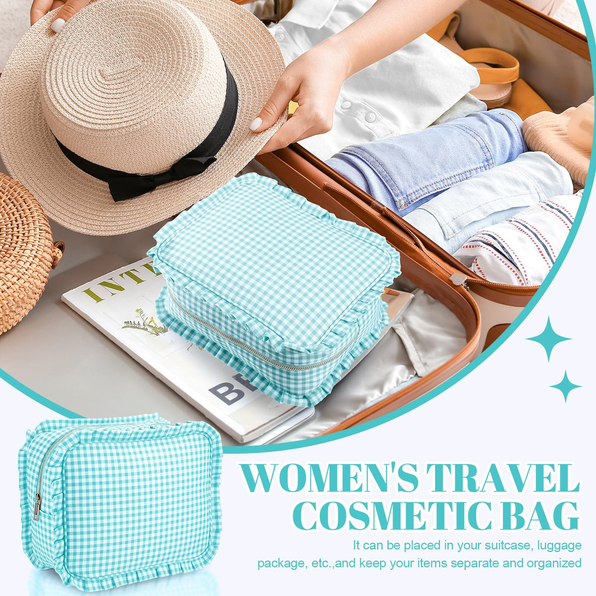 SilTriangle Mint Gingham Ruffle Makeup Bag 10 x 8 x 4.5 Inches Large Ruffle Pouch Travel Cute Checkered Cosmetic Toiletry Bag with Zipper for Women Girls, Toiletry Pouch Make up Organizer Gift - thewildfolk SilTriangle Mint Gingham Ruffle Makeup Bag 10 x 8 x 4.5 Inches Large Ruffle Pouch Travel Cute Checkered Cosmetic Toiletry Bag with Zipper for Women Girls, Toiletry Pouch Make up Organizer Gift