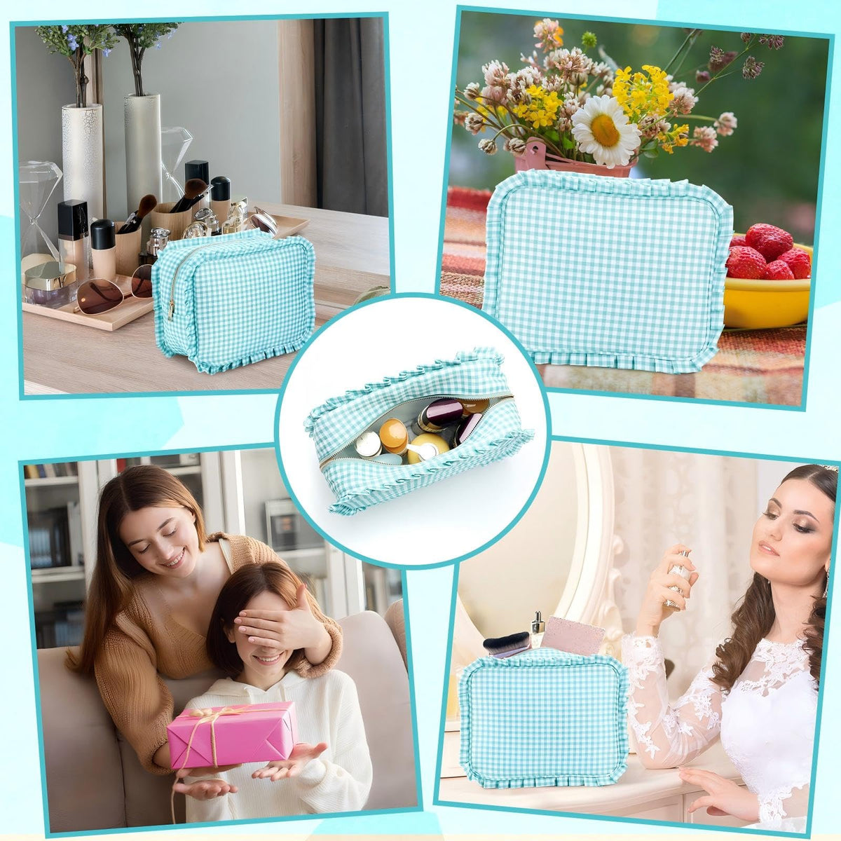 SilTriangle Mint Gingham Ruffle Makeup Bag 10 x 8 x 4.5 Inches Large Ruffle Pouch Travel Cute Checkered Cosmetic Toiletry Bag with Zipper for Women Girls, Toiletry Pouch Make up Organizer Gift - thewildfolk SilTriangle Mint Gingham Ruffle Makeup Bag 10 x 8 x 4.5 Inches Large Ruffle Pouch Travel Cute Checkered Cosmetic Toiletry Bag with Zipper for Women Girls, Toiletry Pouch Make up Organizer Gift