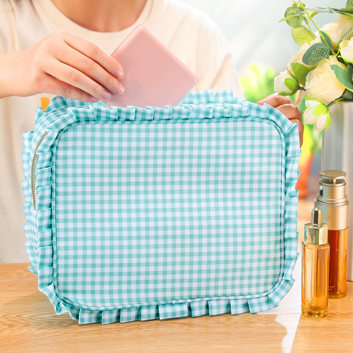 SilTriangle Mint Gingham Ruffle Makeup Bag 10 x 8 x 4.5 Inches Large Ruffle Pouch Travel Cute Checkered Cosmetic Toiletry Bag with Zipper for Women Girls, Toiletry Pouch Make up Organizer Gift - thewildfolk SilTriangle Mint Gingham Ruffle Makeup Bag 10 x 8 x 4.5 Inches Large Ruffle Pouch Travel Cute Checkered Cosmetic Toiletry Bag with Zipper for Women Girls, Toiletry Pouch Make up Organizer Gift