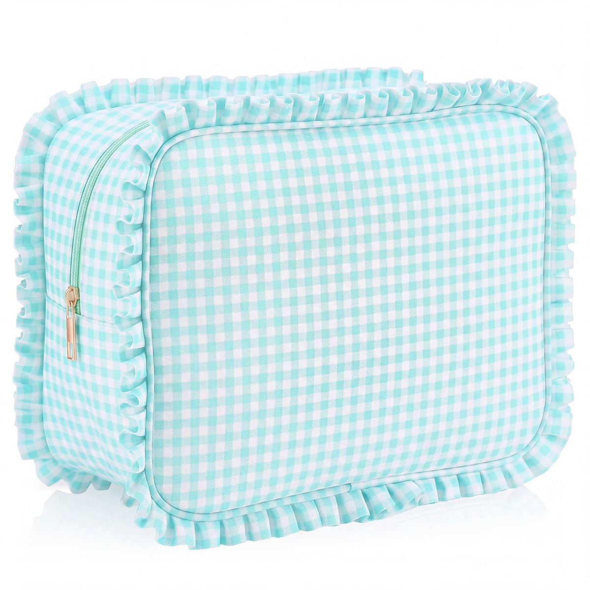 SilTriangle Mint Gingham Ruffle Makeup Bag 10 x 8 x 4.5 Inches Large Ruffle Pouch Travel Cute Checkered Cosmetic Toiletry Bag with Zipper for Women Girls, Toiletry Pouch Make up Organizer Gift - thewildfolk SilTriangle Mint Gingham Ruffle Makeup Bag 10 x 8 x 4.5 Inches Large Ruffle Pouch Travel Cute Checkered Cosmetic Toiletry Bag with Zipper for Women Girls, Toiletry Pouch Make up Organizer Gift