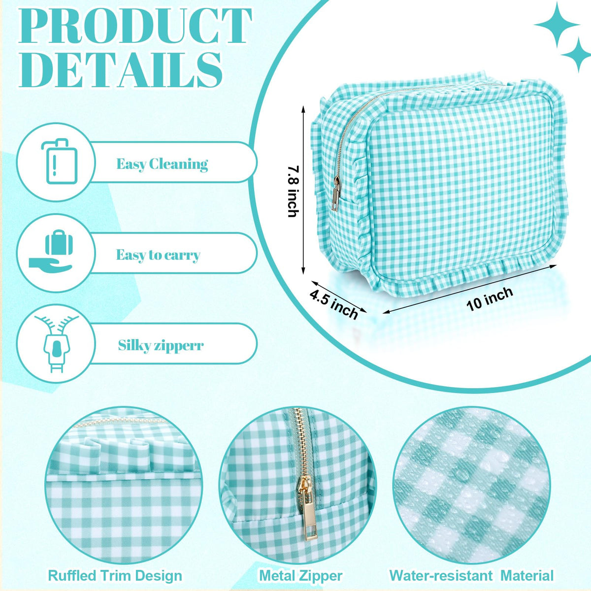 SilTriangle Mint Gingham Ruffle Makeup Bag 10 x 8 x 4.5 Inches Large Ruffle Pouch Travel Cute Checkered Cosmetic Toiletry Bag with Zipper for Women Girls, Toiletry Pouch Make up Organizer Gift - thewildfolk SilTriangle Mint Gingham Ruffle Makeup Bag 10 x 8 x 4.5 Inches Large Ruffle Pouch Travel Cute Checkered Cosmetic Toiletry Bag with Zipper for Women Girls, Toiletry Pouch Make up Organizer Gift