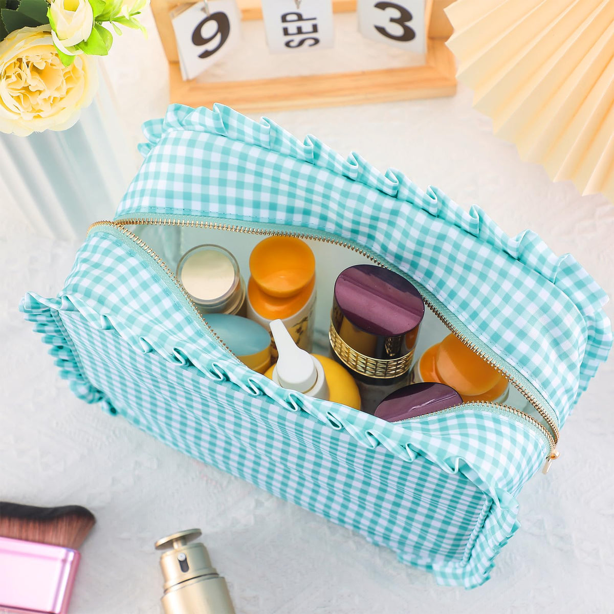 SilTriangle Mint Gingham Ruffle Makeup Bag 10 x 8 x 4.5 Inches Large Ruffle Pouch Travel Cute Checkered Cosmetic Toiletry Bag with Zipper for Women Girls, Toiletry Pouch Make up Organizer Gift - thewildfolk SilTriangle Mint Gingham Ruffle Makeup Bag 10 x 8 x 4.5 Inches Large Ruffle Pouch Travel Cute Checkered Cosmetic Toiletry Bag with Zipper for Women Girls, Toiletry Pouch Make up Organizer Gift