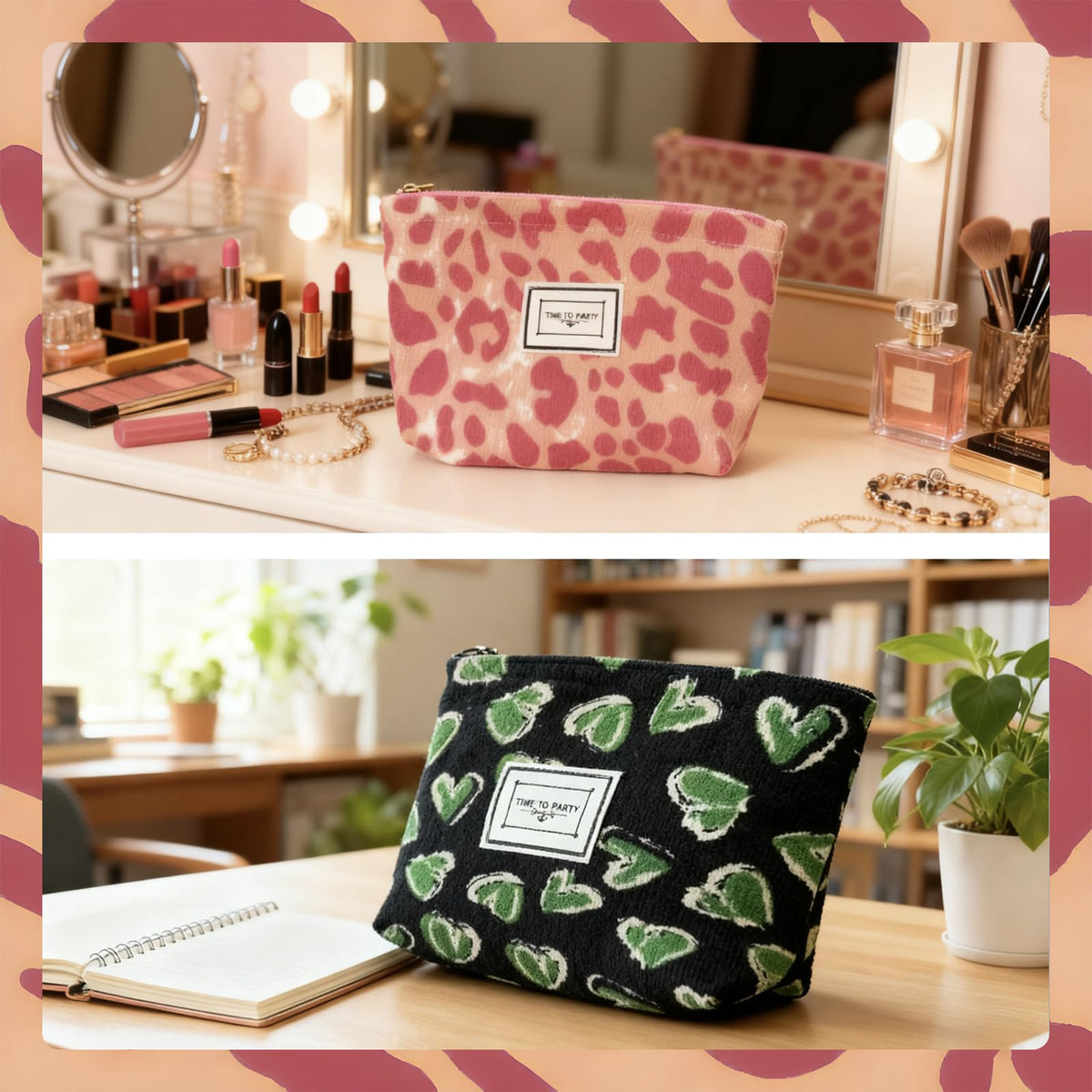 Slynxr 2 Pcs Corduroy Makeup Bag Set Portable Pink Polka Dot/Black Heart Travel Zipper Pouch Cute Aesthetic Cosmetic Makeup Bag for Purse Organizer Bags (Grenn Pink) - thewildfolk Slynxr 2 Pcs Corduroy Makeup Bag Set Portable Pink Polka Dot/Black Heart Travel Zipper Pouch Cute Aesthetic Cosmetic Makeup Bag for Purse Organizer Bags (Grenn Pink)