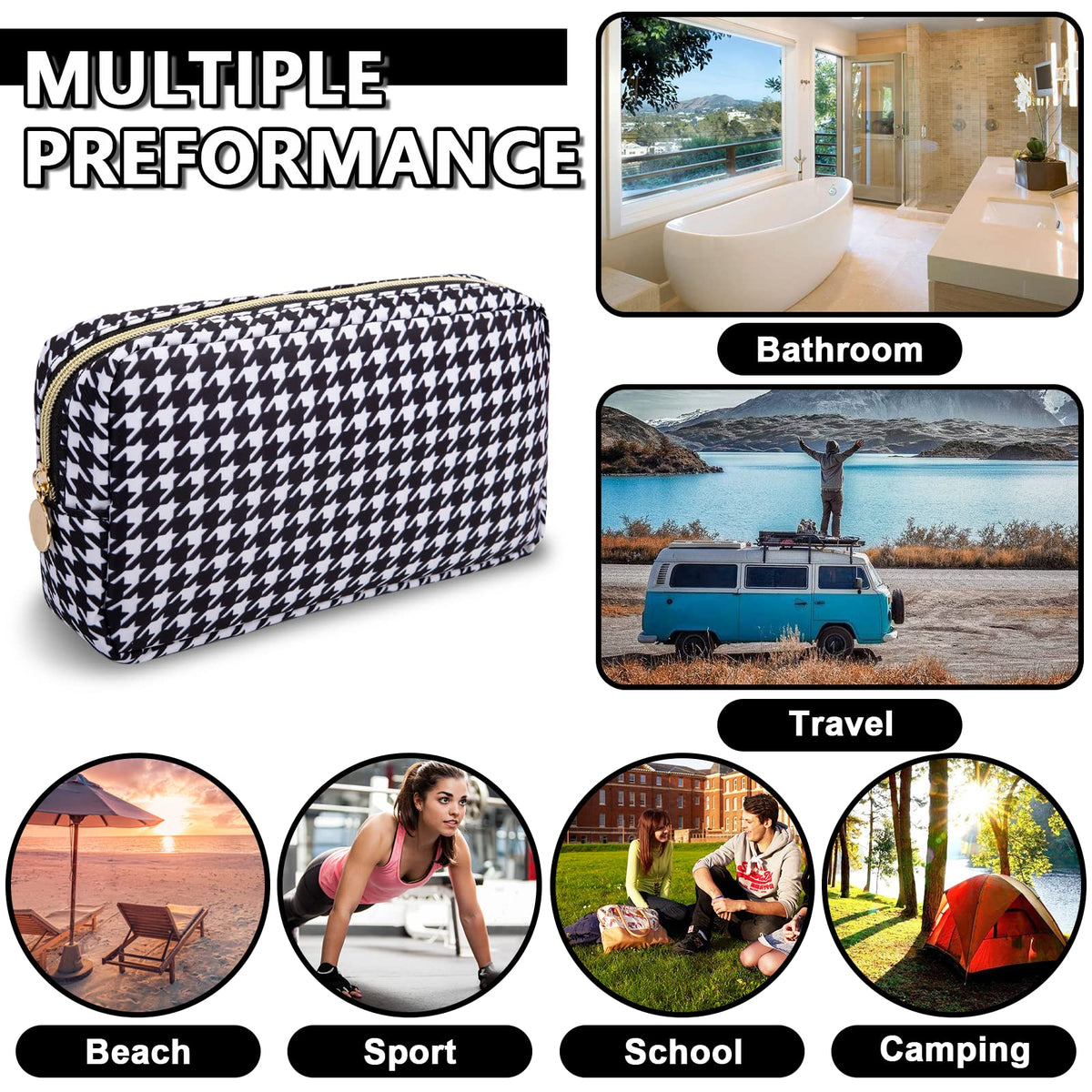 Small Makeup Bag Pouch for Purse，Nylon Travel Toiletry Storage Bag Cute Houndstooth Cosmetic Bag for Women Girls，Waterproof Makeup Organizer Bag Pouch Skincare Bag with Zipper (Small-Houndstooth) - thewildfolk Small Makeup Bag Pouch for Purse，Nylon Travel Toiletry Storage Bag Cute Houndstooth Cosmetic Bag for Women Girls，Waterproof Makeup Organizer Bag Pouch Skincare Bag with Zipper (Small-Houndstooth)