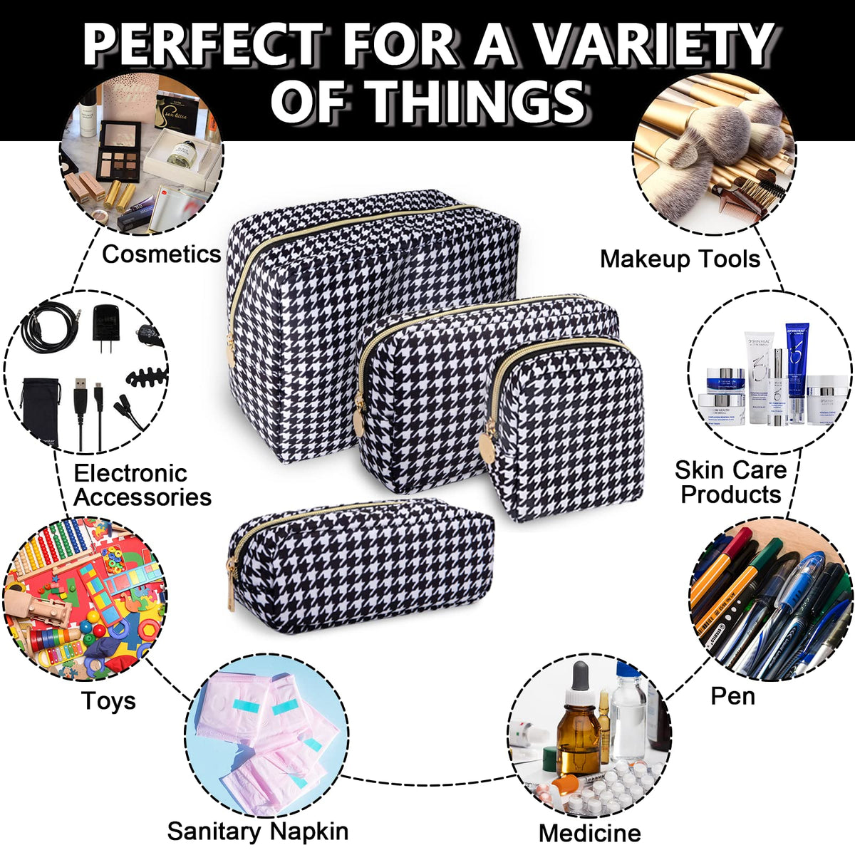 Small Makeup Bag Pouch for Purse，Nylon Travel Toiletry Storage Bag Cute Houndstooth Cosmetic Bag for Women Girls，Waterproof Makeup Organizer Bag Pouch Skincare Bag with Zipper (Small-Houndstooth) - thewildfolk Small Makeup Bag Pouch for Purse，Nylon Travel Toiletry Storage Bag Cute Houndstooth Cosmetic Bag for Women Girls，Waterproof Makeup Organizer Bag Pouch Skincare Bag with Zipper (Small-Houndstooth)