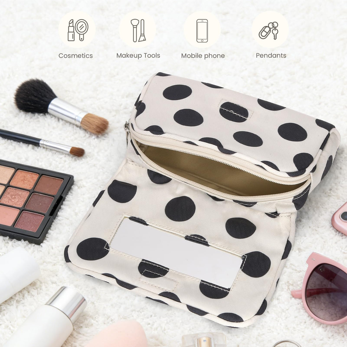 Small Mirror Cosmetic Pouch + Medium Handheld Travel Makeup Bag (Polka Dot) - thewildfolk Small Mirror Cosmetic Pouch + Medium Handheld Travel Makeup Bag (Polka Dot)