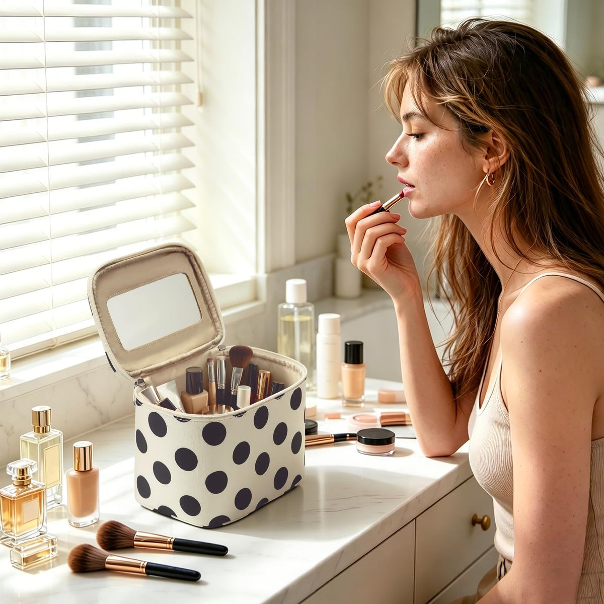 Small Mirror Cosmetic Pouch + Medium Handheld Travel Makeup Bag (Polka Dot) - thewildfolk Small Mirror Cosmetic Pouch + Medium Handheld Travel Makeup Bag (Polka Dot)