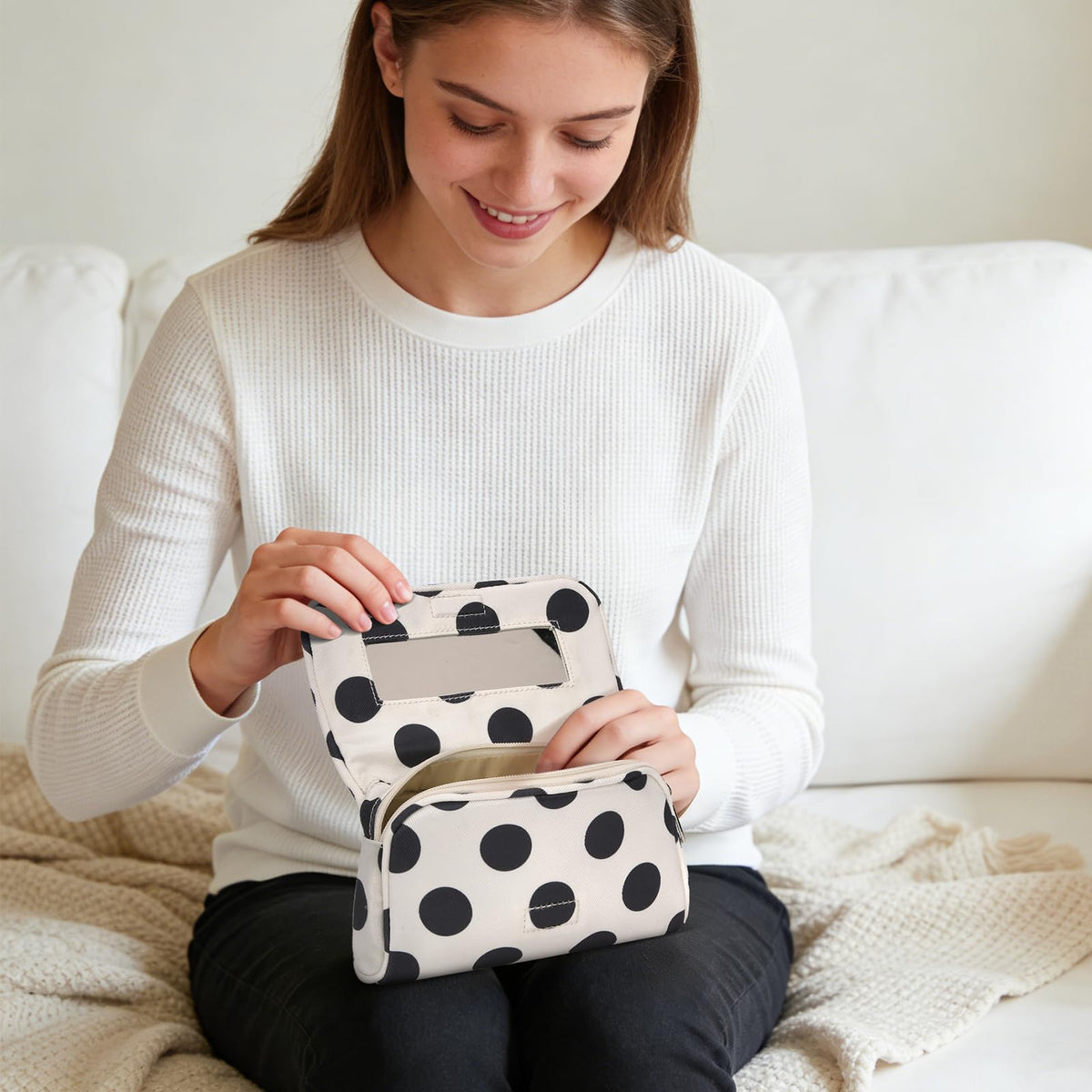 Small Mirror Cosmetic Pouch + Medium Handheld Travel Makeup Bag (Polka Dot) - thewildfolk Small Mirror Cosmetic Pouch + Medium Handheld Travel Makeup Bag (Polka Dot)