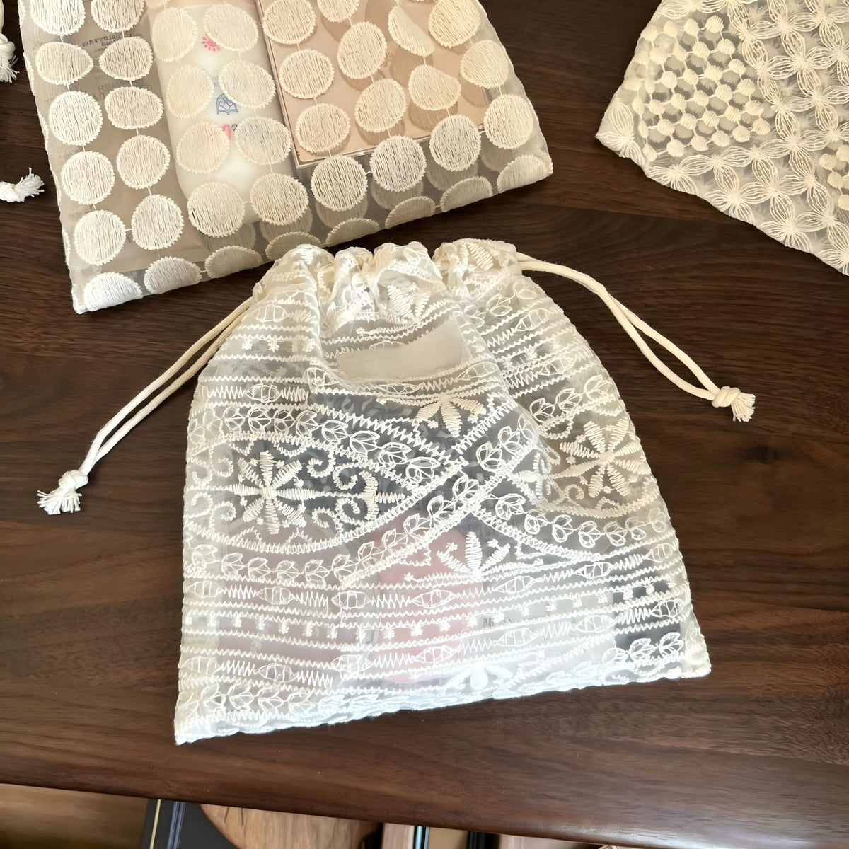 Sminra Mesh Drawstring Makeup Bag for Women, Lace Cosmetic Pouch - thewildfolk Sminra Mesh Drawstring Makeup Bag for Women, Lace Cosmetic Pouch