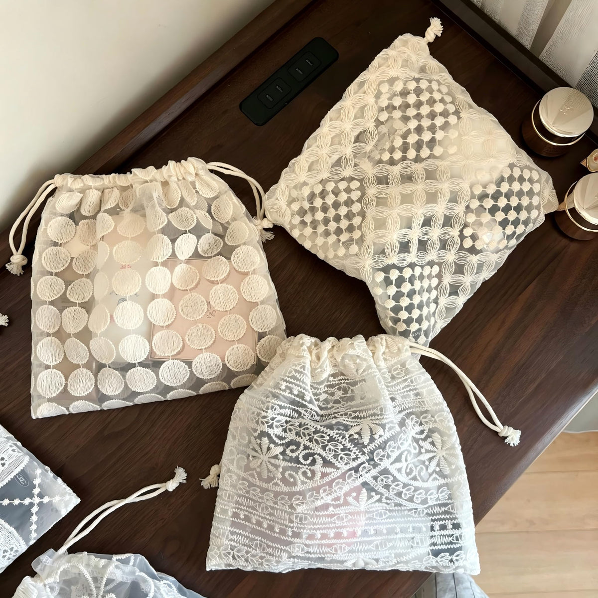 Sminra Mesh Drawstring Makeup Bag for Women, Lace Cosmetic Pouch - thewildfolk Sminra Mesh Drawstring Makeup Bag for Women, Lace Cosmetic Pouch
