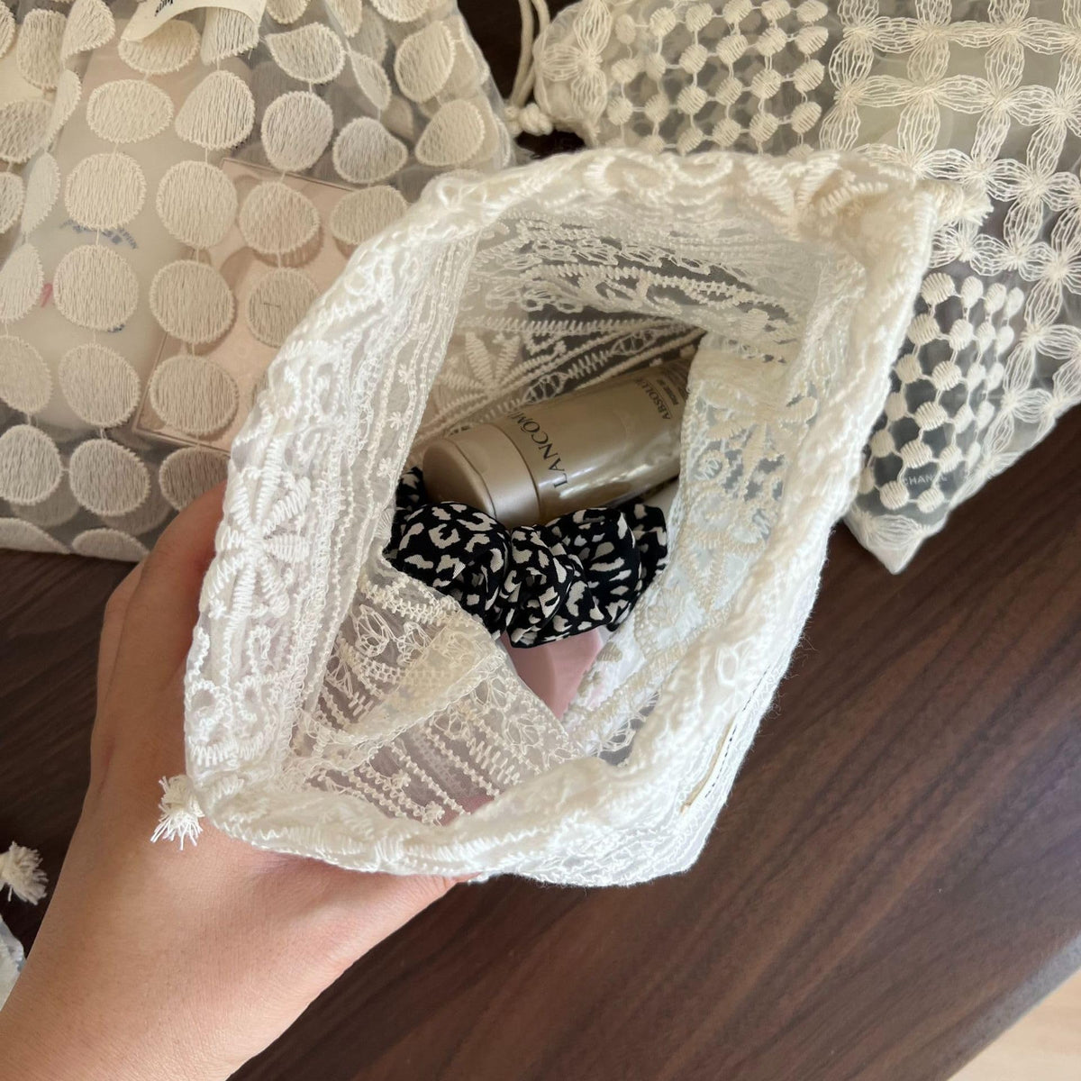 Sminra Mesh Drawstring Makeup Bag for Women, Lace Cosmetic Pouch - thewildfolk Sminra Mesh Drawstring Makeup Bag for Women, Lace Cosmetic Pouch