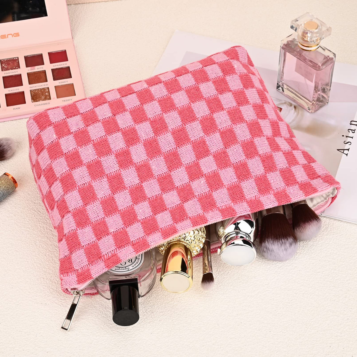 SOIDRAM 2 Pieces Makeup Bag Large Checkered Cosmetic Bag Capacity Canvas Mix Travel Toiletry Bag Organizer Cute Makeup Brushes Aesthetic Accessories Storage Bag for Women, Checkered Mix Rose Red - thewildfolk SOIDRAM 2 Pieces Makeup Bag Large Checkered Cosmetic Bag Capacity Canvas Mix Travel Toiletry Bag Organizer Cute Makeup Brushes Aesthetic Accessories Storage Bag for Women, Checkered Mix Rose Red