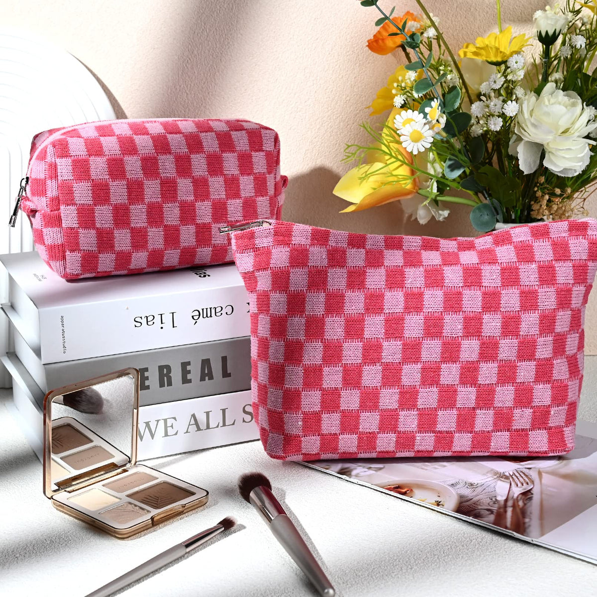 SOIDRAM 2 Pieces Makeup Bag Large Checkered Cosmetic Bag Capacity Canvas Mix Travel Toiletry Bag Organizer Cute Makeup Brushes Aesthetic Accessories Storage Bag for Women, Checkered Mix Rose Red - thewildfolk SOIDRAM 2 Pieces Makeup Bag Large Checkered Cosmetic Bag Capacity Canvas Mix Travel Toiletry Bag Organizer Cute Makeup Brushes Aesthetic Accessories Storage Bag for Women, Checkered Mix Rose Red