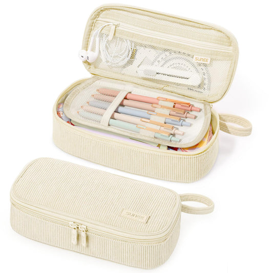SUNEE Cute Pencil Case, Soft Corduroy Large Capacity Pencil Pouch, Aesthetic Zipper Pencil Bag, Big Storage Pen Organizer for Stationery, Pencil Box Back to School Supplies for Teen Girls Boys, Beige - thewildfolk SUNEE Cute Pencil Case, Soft Corduroy Large Capacity Pencil Pouch, Aesthetic Zipper Pencil Bag, Big Storage Pen Organizer for Stationery, Pencil Box Back to School Supplies for Teen Girls Boys, Beige