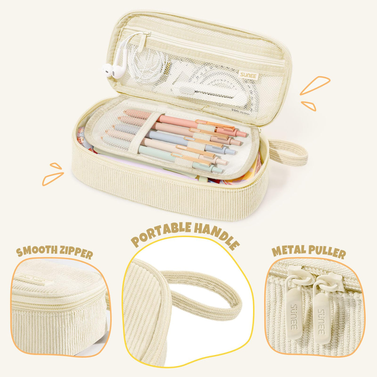 SUNEE Cute Pencil Case, Soft Corduroy Large Capacity Pencil Pouch, Aesthetic Zipper Pencil Bag, Big Storage Pen Organizer for Stationery, Pencil Box Back to School Supplies for Teen Girls Boys, Beige - thewildfolk SUNEE Cute Pencil Case, Soft Corduroy Large Capacity Pencil Pouch, Aesthetic Zipper Pencil Bag, Big Storage Pen Organizer for Stationery, Pencil Box Back to School Supplies for Teen Girls Boys, Beige