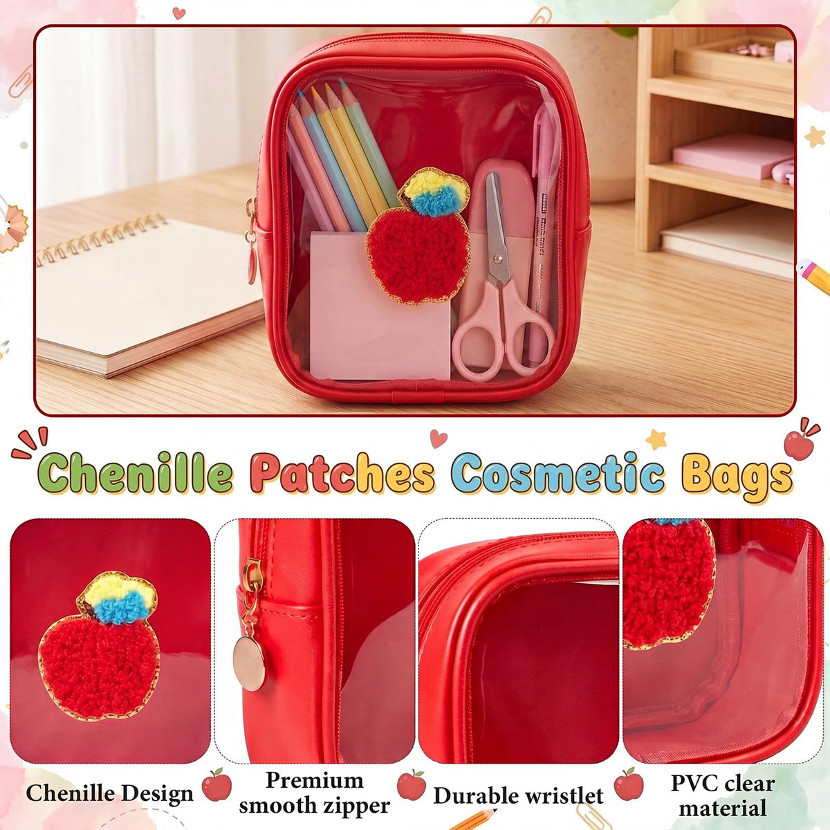 Sunnymove 6 Pcs Back to School Gifts for Teacher Mini Clear Makeup Bags with Zipper PVC Cosmetic Pouch Red Apple Makeup Bags Waterproof Pencil Pouch for Teacher Appreciation Gift - thewildfolk Sunnymove 6 Pcs Back to School Gifts for Teacher Mini Clear Makeup Bags with Zipper PVC Cosmetic Pouch Red Apple Makeup Bags Waterproof Pencil Pouch for Teacher Appreciation Gift