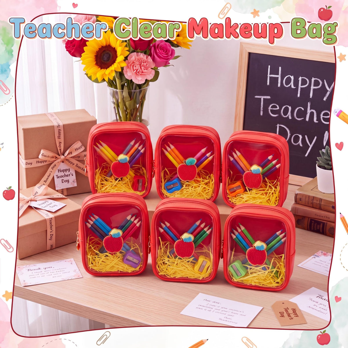 Sunnymove 6 Pcs Back to School Gifts for Teacher Mini Clear Makeup Bags with Zipper PVC Cosmetic Pouch Red Apple Makeup Bags Waterproof Pencil Pouch for Teacher Appreciation Gift - thewildfolk Sunnymove 6 Pcs Back to School Gifts for Teacher Mini Clear Makeup Bags with Zipper PVC Cosmetic Pouch Red Apple Makeup Bags Waterproof Pencil Pouch for Teacher Appreciation Gift