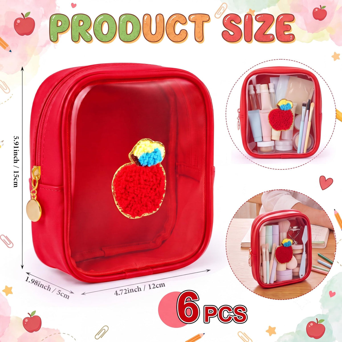 Sunnymove 6 Pcs Back to School Gifts for Teacher Mini Clear Makeup Bags with Zipper PVC Cosmetic Pouch Red Apple Makeup Bags Waterproof Pencil Pouch for Teacher Appreciation Gift - thewildfolk Sunnymove 6 Pcs Back to School Gifts for Teacher Mini Clear Makeup Bags with Zipper PVC Cosmetic Pouch Red Apple Makeup Bags Waterproof Pencil Pouch for Teacher Appreciation Gift