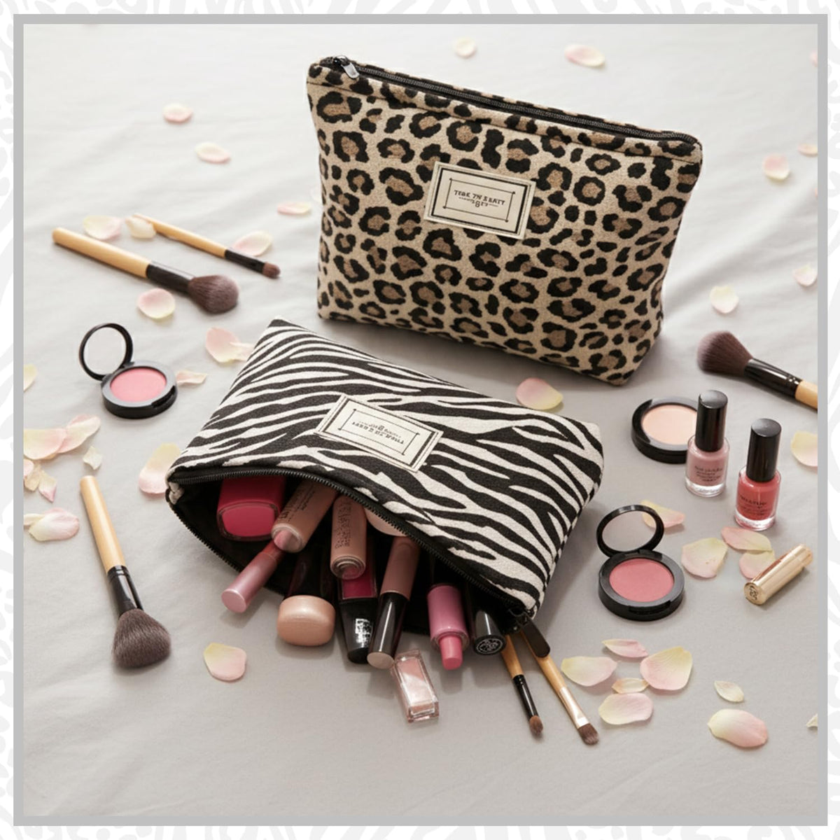 Sunolkie 2 Pack Makeup Bag for Women, Travel Cosmetic Pouch with Zebra print & Leopard print Design, Zipper Beauty Case, Toiletry Makeup Organizer for Women & Girls - thewildfolk Sunolkie 2 Pack Makeup Bag for Women, Travel Cosmetic Pouch with Zebra print & Leopard print Design, Zipper Beauty Case, Toiletry Makeup Organizer for Women & Girls
