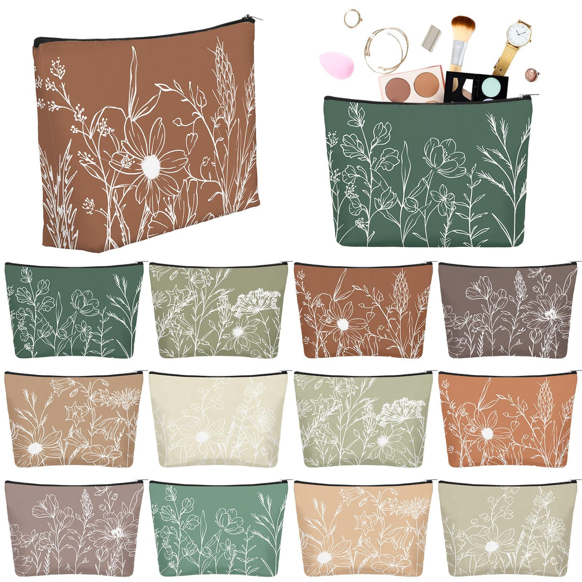 Sweetude 12 Pcs Boho Line Flowers Makeup Bags Bulk Cosmetic Pouch for Women - thewildfolk Sweetude 12 Pcs Boho Line Flowers Makeup Bags Bulk Cosmetic Pouch for Women
