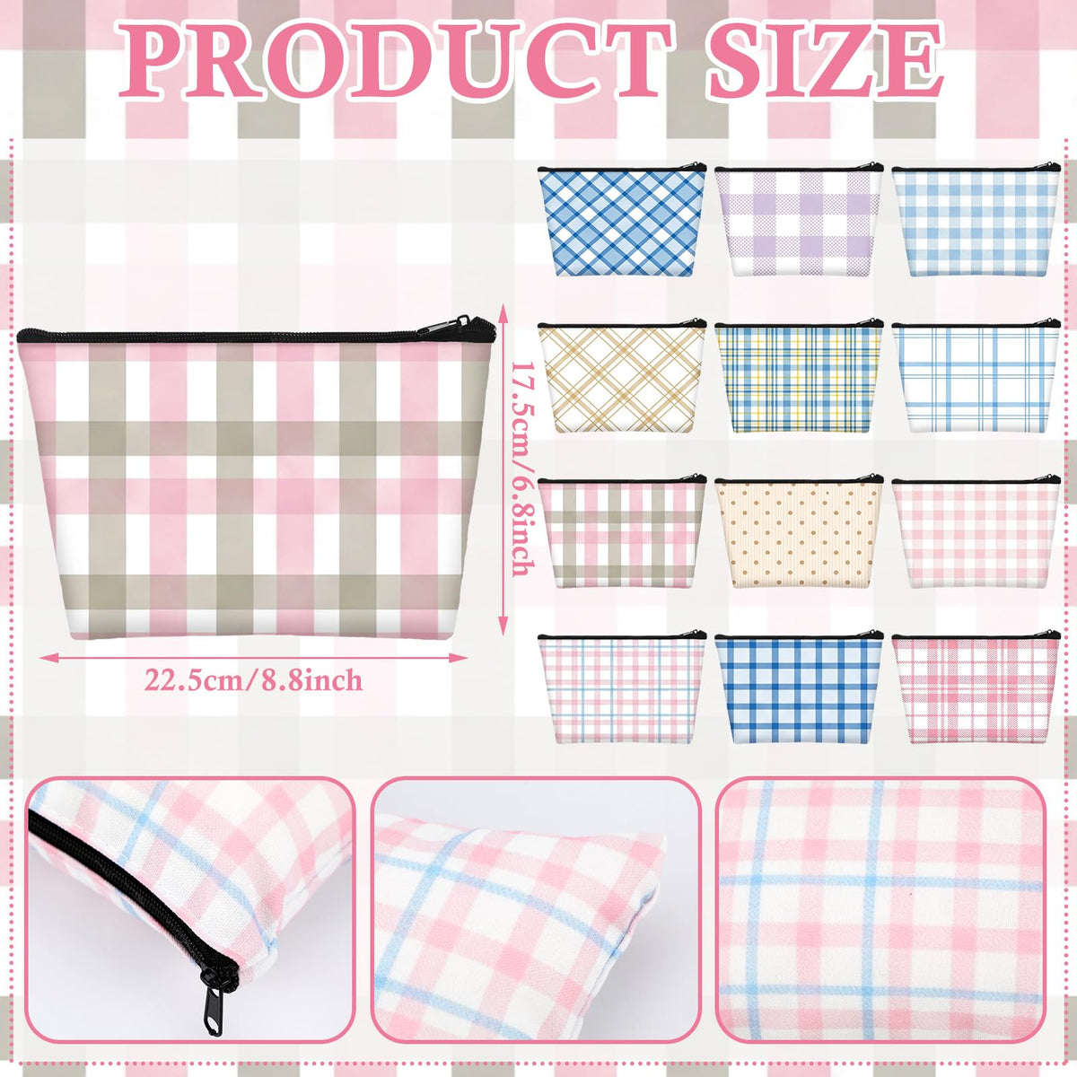 Sweetude 12 Pcs Pastel Plaid Makeup Bag Bulk Buffalo Plaid Portable Travel Cosmetic Bag with Zipper Preppy Checkered Waterproof Roomy Travel Toiletry Organizer Storage Beauty Pouch for Women Gifts - thewildfolk Sweetude 12 Pcs Pastel Plaid Makeup Bag Bulk Buffalo Plaid Portable Travel Cosmetic Bag with Zipper Preppy Checkered Waterproof Roomy Travel Toiletry Organizer Storage Beauty Pouch for Women Gifts