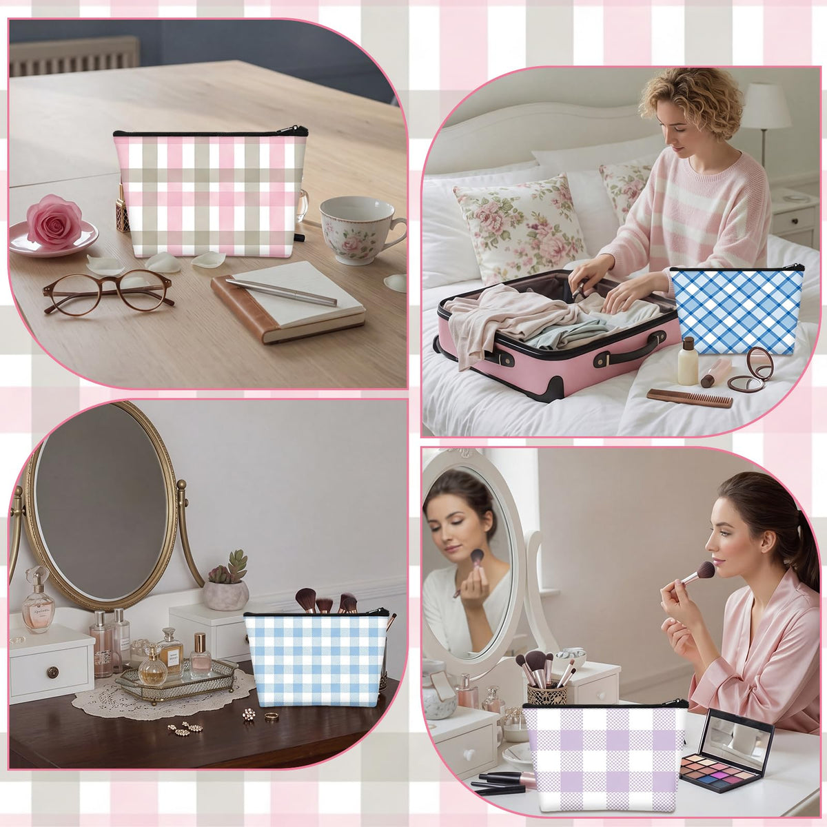 Sweetude 12 Pcs Pastel Plaid Makeup Bag Bulk Buffalo Plaid Portable Travel Cosmetic Bag with Zipper Preppy Checkered Waterproof Roomy Travel Toiletry Organizer Storage Beauty Pouch for Women Gifts - thewildfolk Sweetude 12 Pcs Pastel Plaid Makeup Bag Bulk Buffalo Plaid Portable Travel Cosmetic Bag with Zipper Preppy Checkered Waterproof Roomy Travel Toiletry Organizer Storage Beauty Pouch for Women Gifts