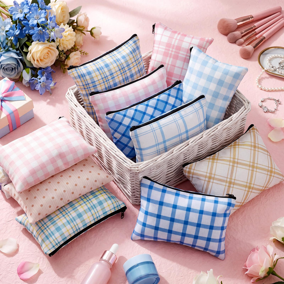Sweetude 12 Pcs Pastel Plaid Makeup Bag Bulk Buffalo Plaid Portable Travel Cosmetic Bag with Zipper Preppy Checkered Waterproof Roomy Travel Toiletry Organizer Storage Beauty Pouch for Women Gifts - thewildfolk Sweetude 12 Pcs Pastel Plaid Makeup Bag Bulk Buffalo Plaid Portable Travel Cosmetic Bag with Zipper Preppy Checkered Waterproof Roomy Travel Toiletry Organizer Storage Beauty Pouch for Women Gifts