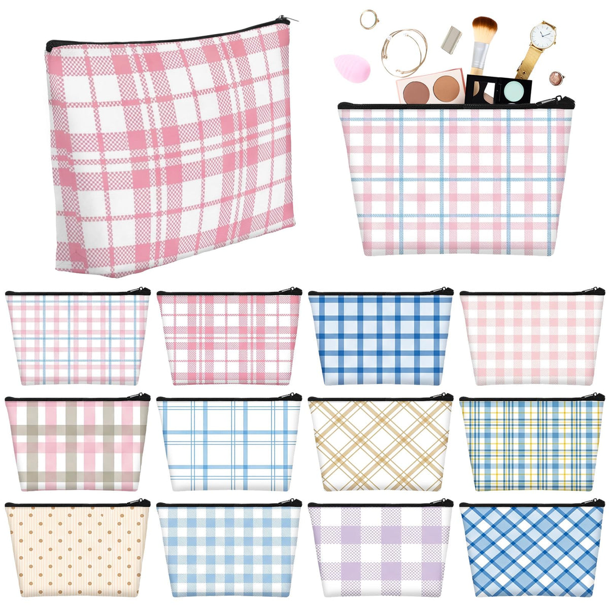 Sweetude 12 Pcs Pastel Plaid Makeup Bag Bulk Buffalo Plaid Portable Travel Cosmetic Bag with Zipper Preppy Checkered Waterproof Roomy Travel Toiletry Organizer Storage Beauty Pouch for Women Gifts - thewildfolk Sweetude 12 Pcs Pastel Plaid Makeup Bag Bulk Buffalo Plaid Portable Travel Cosmetic Bag with Zipper Preppy Checkered Waterproof Roomy Travel Toiletry Organizer Storage Beauty Pouch for Women Gifts