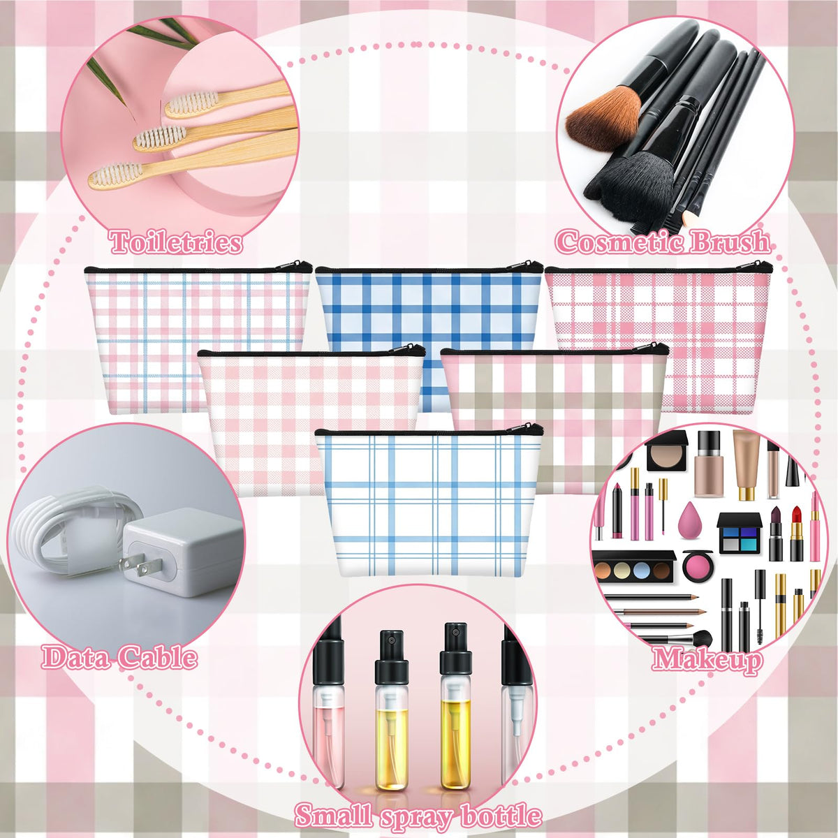 Sweetude 12 Pcs Pastel Plaid Makeup Bag Bulk Buffalo Plaid Portable Travel Cosmetic Bag with Zipper Preppy Checkered Waterproof Roomy Travel Toiletry Organizer Storage Beauty Pouch for Women Gifts - thewildfolk Sweetude 12 Pcs Pastel Plaid Makeup Bag Bulk Buffalo Plaid Portable Travel Cosmetic Bag with Zipper Preppy Checkered Waterproof Roomy Travel Toiletry Organizer Storage Beauty Pouch for Women Gifts