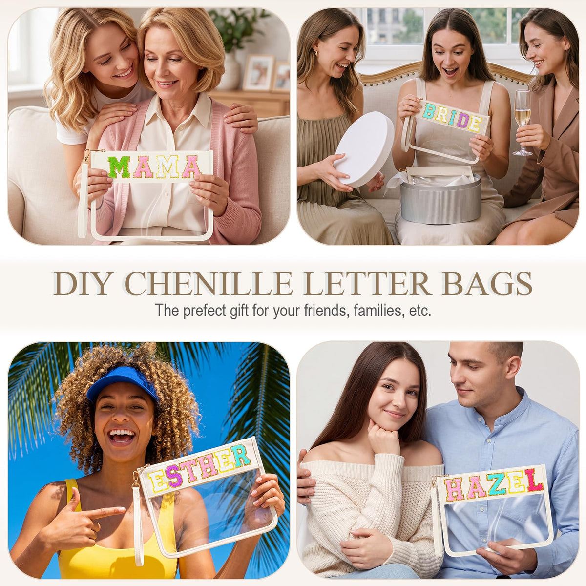 Sweetude 24 Pcs Clear Makeup Bags with Wristlet Pouch DIY Chenille Letter Bag Bulk Waterproof Toiletry Flat Preppy Nylon Clear Zipper Pouches Snack Organizer for Women (Cream White) - thewildfolk Sweetude 24 Pcs Clear Makeup Bags with Wristlet Pouch DIY Chenille Letter Bag Bulk Waterproof Toiletry Flat Preppy Nylon Clear Zipper Pouches Snack Organizer for Women (Cream White)