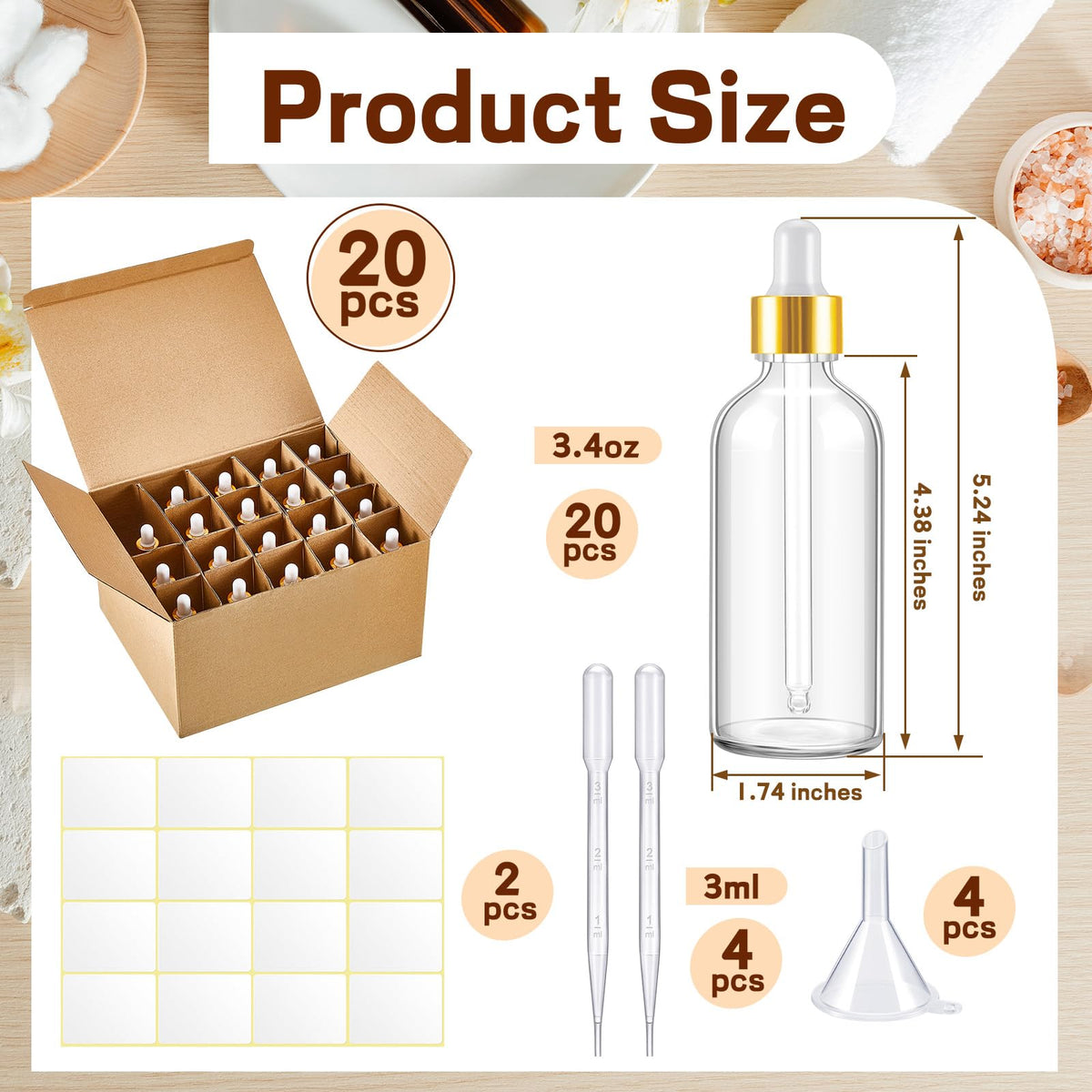 Tessco for you 20 Pack 3.4 oz Glass Dropper Bottles, 100 ml Glass Tincture Bottles with Eye Droppers with Funnel, Labels & Pipette for Essential Oil, Health, Personal Care & Beauty (Clear Gold) - thewildfolk Tessco for you 20 Pack 3.4 oz Glass Dropper Bottles, 100 ml Glass Tincture Bottles with Eye Droppers with Funnel, Labels & Pipette for Essential Oil, Health, Personal Care & Beauty (Clear Gold)