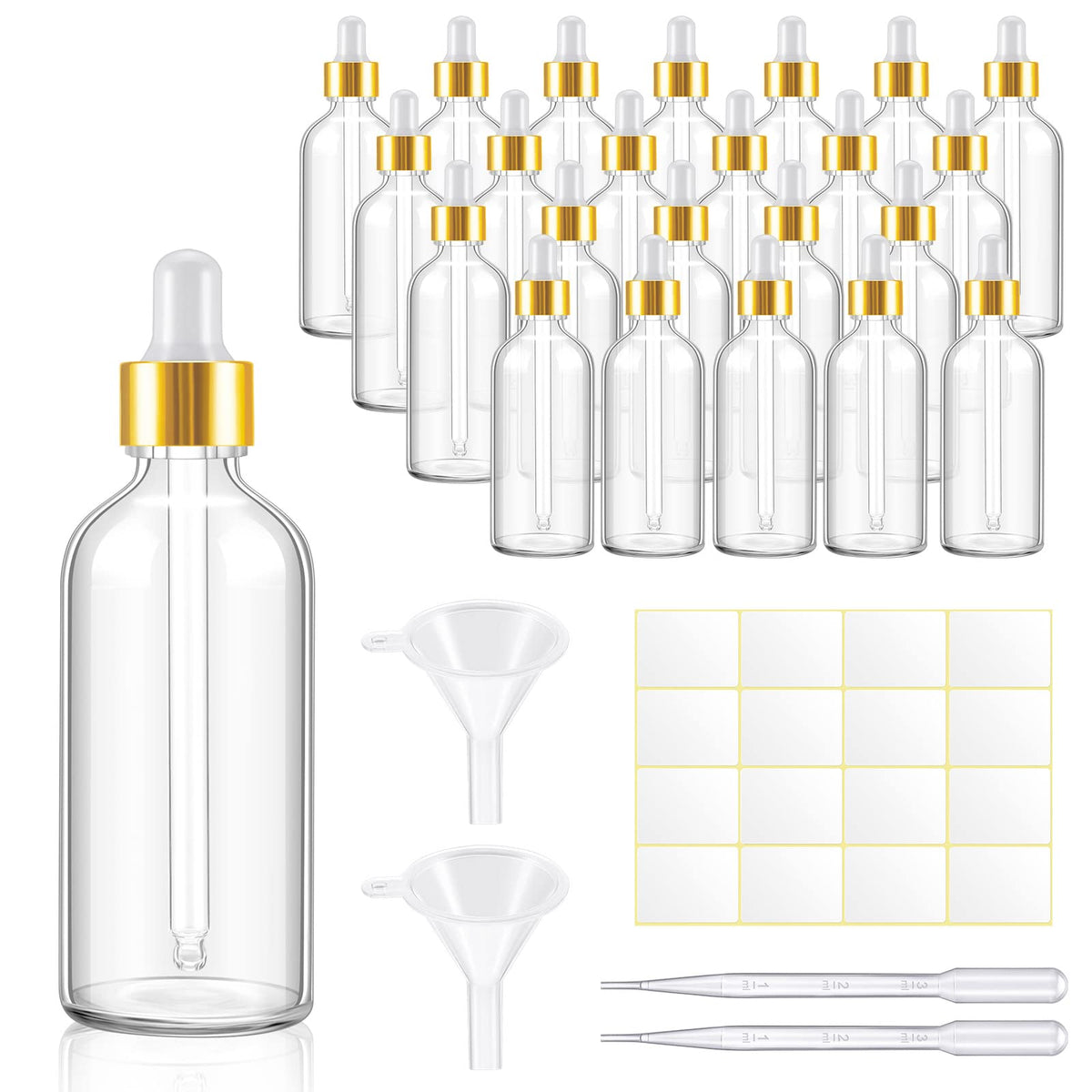 Tessco for you 20 Pack 3.4 oz Glass Dropper Bottles, 100 ml Glass Tincture Bottles with Eye Droppers with Funnel, Labels & Pipette for Essential Oil, Health, Personal Care & Beauty (Clear Gold) - thewildfolk Tessco for you 20 Pack 3.4 oz Glass Dropper Bottles, 100 ml Glass Tincture Bottles with Eye Droppers with Funnel, Labels & Pipette for Essential Oil, Health, Personal Care & Beauty (Clear Gold)