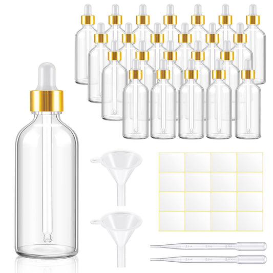Tessco for you 20 Pack 3.4 oz Glass Dropper Bottles, 100 ml Glass Tincture Bottles with Eye Droppers with Funnel, Labels & Pipette for Essential Oil, Health, Personal Care & Beauty (Clear Gold) - thewildfolk Tessco for you 20 Pack 3.4 oz Glass Dropper Bottles, 100 ml Glass Tincture Bottles with Eye Droppers with Funnel, Labels & Pipette for Essential Oil, Health, Personal Care & Beauty (Clear Gold)