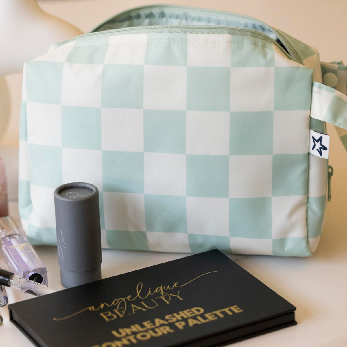 Tiny Twinkle Waterproof Travel Toiletry & Makeup Bag Organizer | Makeup Pouch with Multiple Compartments & Snap Handle for Travel | Gift for Women（Sage Checkers - thewildfolk Tiny Twinkle Waterproof Travel Toiletry & Makeup Bag Organizer | Makeup Pouch with Multiple Compartments & Snap Handle for Travel | Gift for Women（Sage Checkers