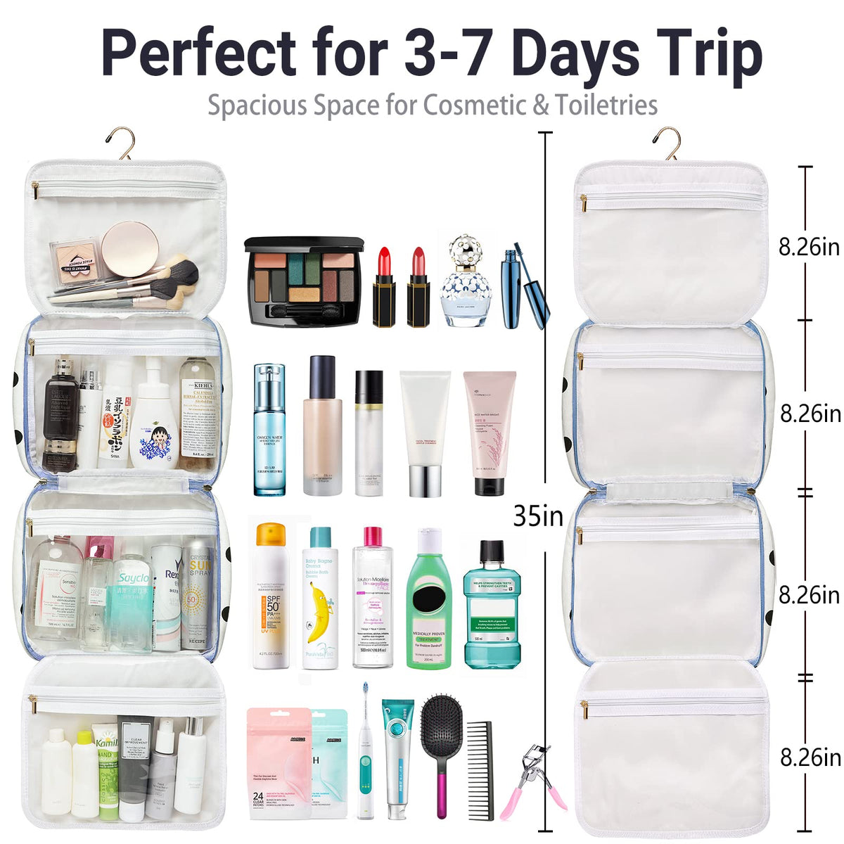 Toiletry bag for Women Hanging Travel Toiletry Bag for Toiletries Polka Dots Pattern Toilery Organizer with Hanging Hook Ideal for Full Sized Toiletries and Cosmetics - thewildfolk Toiletry bag for Women Hanging Travel Toiletry Bag for Toiletries Polka Dots Pattern Toilery Organizer with Hanging Hook Ideal for Full Sized Toiletries and Cosmetics