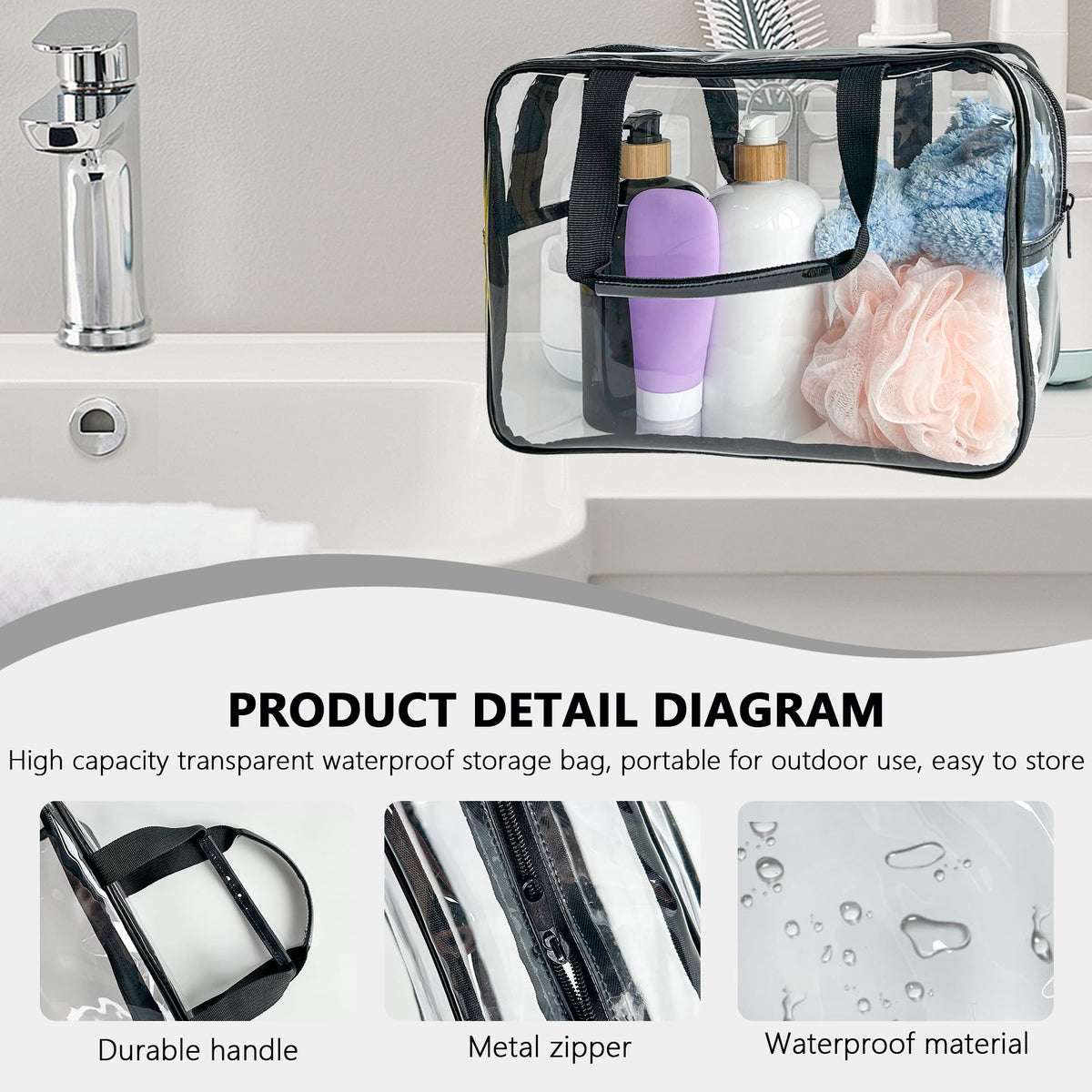 TotePrint PVC Clear Pure Color Transparent Large Zipper Cosmetic Pouch Travel Makeup Cosmetic Bag with Handle for Travel Bathroom Toiletry Organizer (Clear+Black Handle) - thewildfolk TotePrint PVC Clear Pure Color Transparent Large Zipper Cosmetic Pouch Travel Makeup Cosmetic Bag with Handle for Travel Bathroom Toiletry Organizer (Clear+Black Handle)