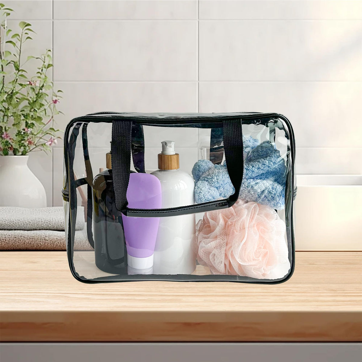 TotePrint PVC Clear Pure Color Transparent Large Zipper Cosmetic Pouch Travel Makeup Cosmetic Bag with Handle for Travel Bathroom Toiletry Organizer (Clear+Black Handle) - thewildfolk TotePrint PVC Clear Pure Color Transparent Large Zipper Cosmetic Pouch Travel Makeup Cosmetic Bag with Handle for Travel Bathroom Toiletry Organizer (Clear+Black Handle)